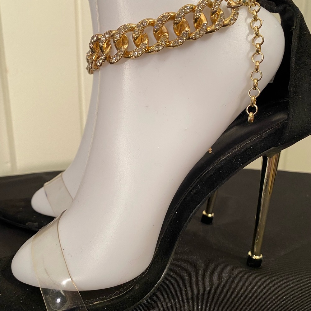 Vigo Fiore Clear Strap Ankle strap gold stiletto high heels. Size 7.5